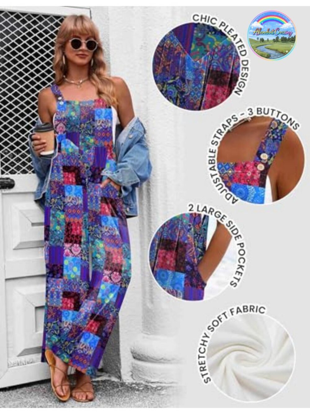 Ekouaer Women's Boho Overalls Sleeveless Loose Fit Wide Leg Jumpsuit - Picture 4 of 6